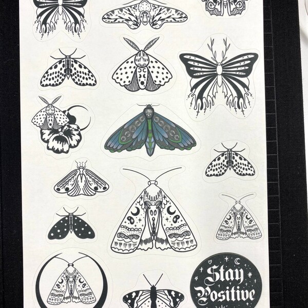 Butterfly moth sticker sheet-  pack of 16 hand drawn monochrome for bullet journal