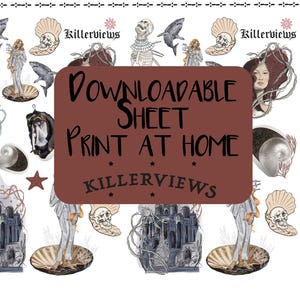 May include: A downloadable sheet with various illustrations, including a skeleton, a woman, a shark, and a castle. The text "Downloadable Sheet Print at Home" is displayed on a brown background. The artwork is in a vintage style.
