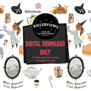 May include: A digital download sticker sheet featuring various Halloween-themed illustrations. Includes pumpkins, witch hats, coffee cups, teapots, and the text "More Espresso Less Depresso". The sheet also includes the text "DIGITAL DOWNLOAD ONLY".