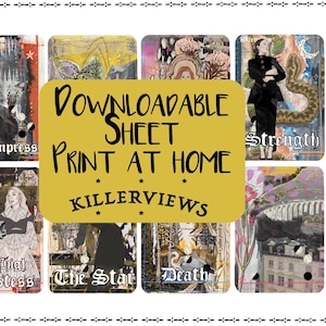 May include: A sheet of printable tarot cards featuring illustrations of The Empress, The High Priestess, The Star, Death, and Strength. The cards have a vintage aesthetic with a yellow banner that reads "DOWNLOADABLE SHEET PRINT AT HOME KILLERVIEWS."