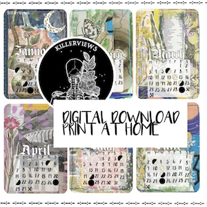 Op de afbeelding: Een digitale download print-at-home kalender met een skelet illustratie met bloemaccenten. Elke maand wordt weergegeven op een aparte kaart met een unieke artistieke achtergrond. De kalender bevat de maanden januari, maart, april en mei.