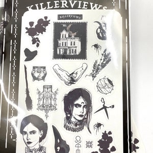 May include: A sheet of black and white stickers with the text "KILLERVIEWS". The stickers feature illustrations of a haunted house, witch, broom, scissors, spiders, and other gothic-themed designs.