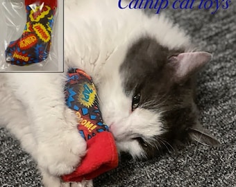 Catnip Cat Toy, EXTRA Strong Catnip. Comic captions print & fleece Stocking. Christmas Present Gift. UK seller. UK made