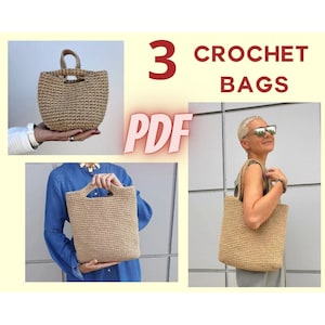 May include: Three crochet bags made with natural jute twine. The bags are in different sizes and styles. The image includes the text "3 CROCHET BAGS PDF".