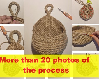 Crochet jute basket pattern Teardrop wall hanging kitchen storage organizer pattern Crochet boho home decor
