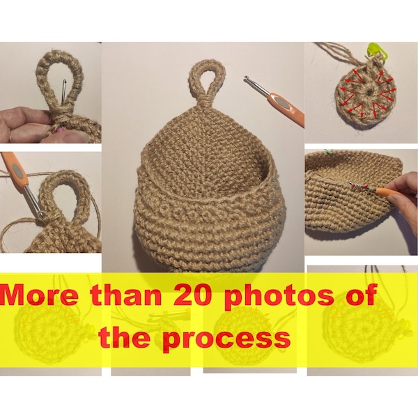 Crochet jute basket pattern Teardrop wall hanging kitchen storage organizer pattern Crochet boho home decor