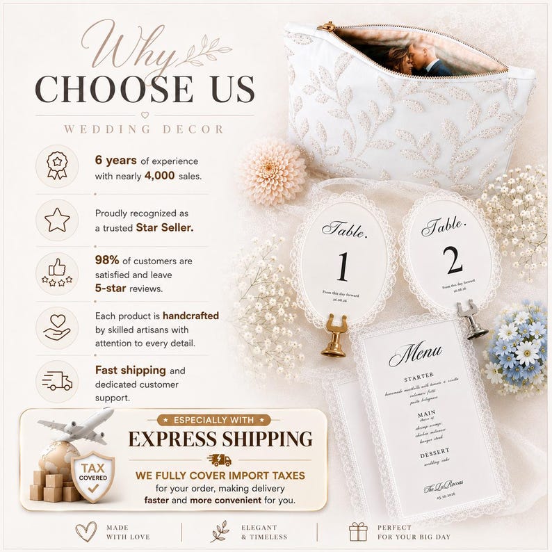 Pu&ograve; includere: Immagine di decorazioni per matrimoni con un beauty case bianco ricamato, numeri da tavolo e un menu. I numeri da tavolo sono ovali con bordi in pizzo, che mostrano i numeri 1 e 2. Il menu elenca antipasto, portata principale e dessert.