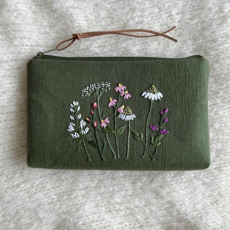 Embroidered Linen Zipper Pouch, Wildflower Cosmetic Bag, Handmade ...