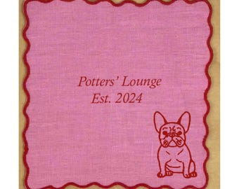 Bar Napkins Custom Illustrated Dog Cocktail Napkins, Custom Linen Cocktail Napkins,  Embroidered Linen Cocktail Napkins, 4 cocktail napkins