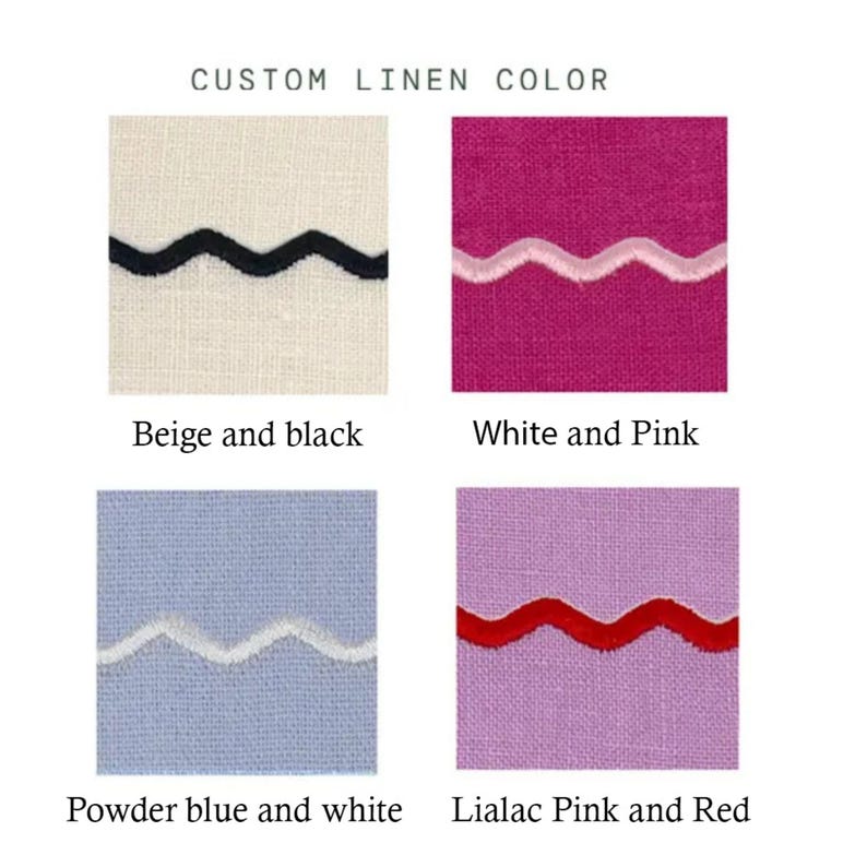 May include: Four fabric swatches showing different colour combinations for custom linen. The swatches show beige and black, white and pink, powder blue and white, and lilac pink and red.