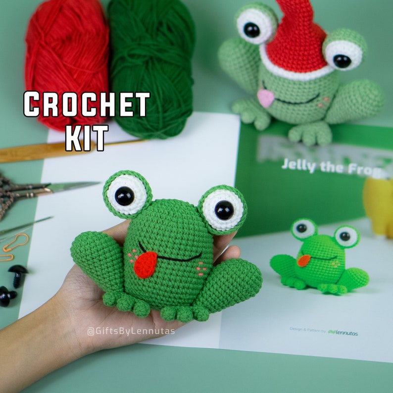 Amigurumi Kit, Crochet Starter Kit, Jelly the Frog With A Christmas Hat
