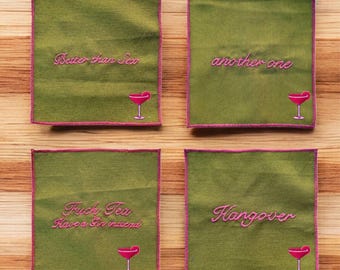 Cheers Embroidered Cocktail Coasters Napkins, Salud Sante Cin Cin, Anthropologie Oliver Bonas style coasters, Custom Cocktail Napkin