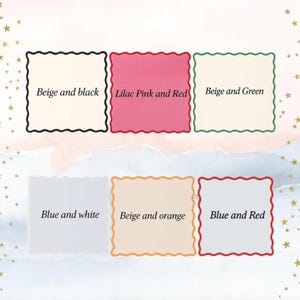 May include: Six square cards with scalloped edges and text. The cards are in various colors: beige with black text, lilac pink with red text, beige with green text, blue with white text, beige with orange text, and blue with red text.