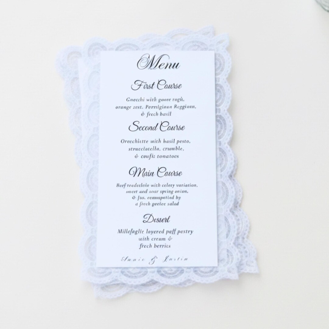 Transparent Lace Wedding Menu, Hand-stitched Border, Customizable ...