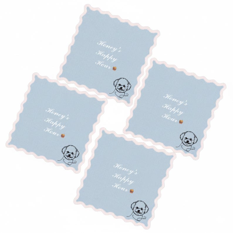 May include: Four square coasters with a light blue background and a scalloped edge. Each coaster has the text "Honey's Happy Hour" with a small dog illustration. The coasters are arranged diagonally.