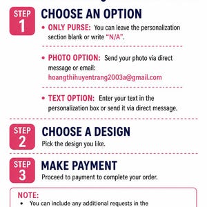 Pu&ograve; includere: Grafica bianca con istruzioni su come ordinare una borsa personalizzata. I passaggi includono la scelta di un'opzione, di un design e l'effettuazione del pagamento. Viene fornito un indirizzo e-mail per l'invio di foto.