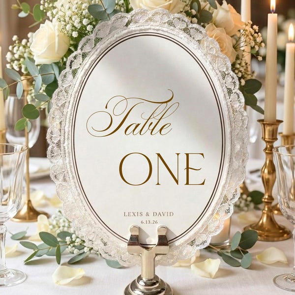 Gepersonaliseerde tafelnummers met kanten rand - Bruiloftsdecoratie - Romantische tafeldecoratie voor uw bruiloft, op maat gemaakte vintage tafelnummers