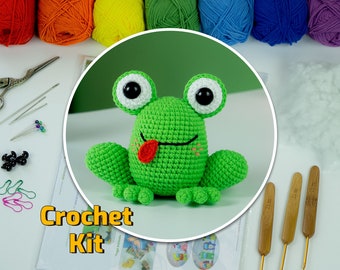 Amigurumi Kit, Crochet Starter Kit, Jelly the Frog with A Christmas Hat