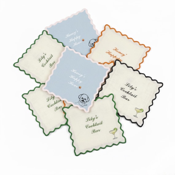 Personalized Cocktail Napkin, Linen Wedding Napkin, Custom Bar Napkin, Custom Fabric Coaster, Embroidered Party Napkin,Wedding Favor (Set 4)