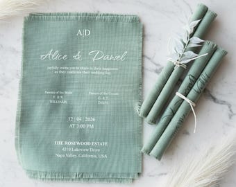 Invitaciones de boda de lino con bordes deshilachados: elegante tela minimalista