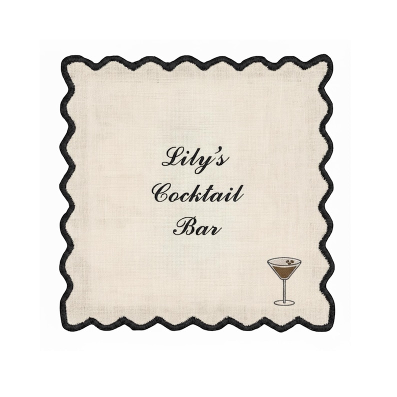 May include: Square cocktail napkin with a cream-colored center and a black scalloped border. The text "Lily's Cocktail Bar" is printed in black script. A small cocktail glass illustration is in the lower right corner.
