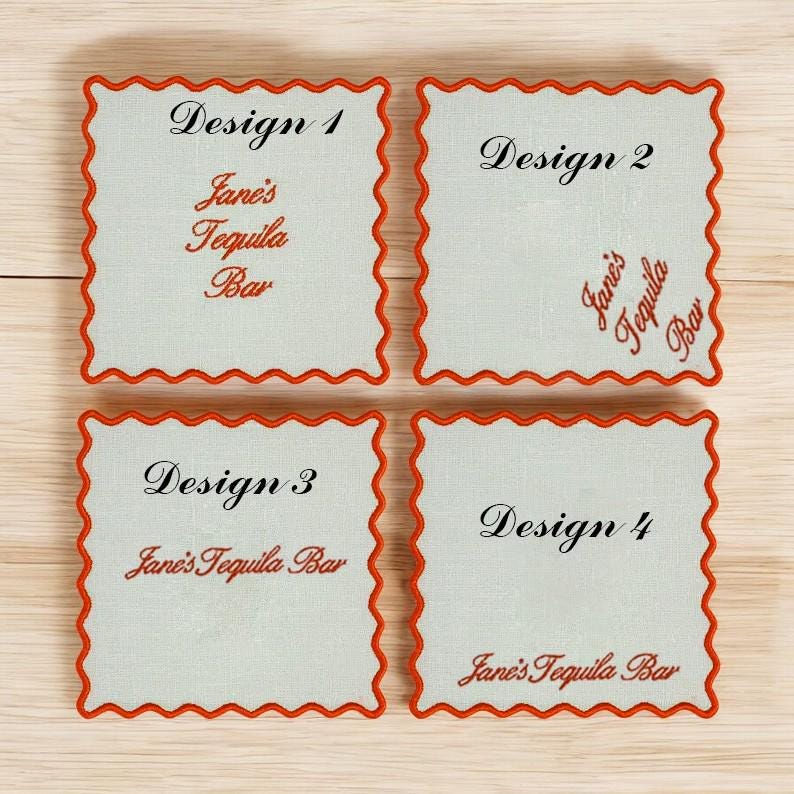 May include: Four square coasters with orange scalloped edges. Each coaster has a different design with the text "Design 1", "Design 2", "Design 3", and "Design 4" and the text "Jane's Tequila Bar" in a cursive font.