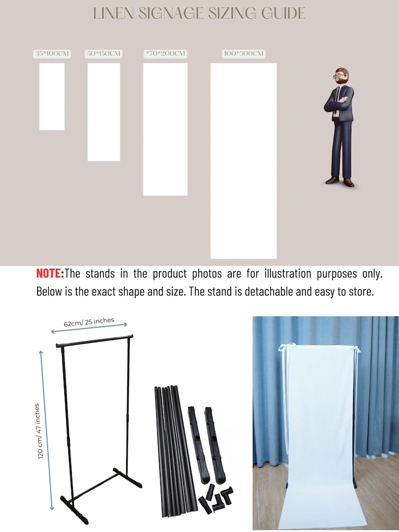 Op de afbeelding: Een maattabel voor linnen bewegwijzering met vier verschillende maten: 35 x 100 cm, 50 x 150 cm, 70 x 200 cm en 100 x 300 cm. De tabel toont ook een standaard voor de bewegwijzering, die 62 cm breed en 120 cm hoog is.
