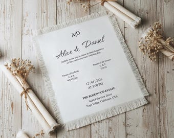 Invitaciones de boda de lino personalizadas: tela rústica bohemia con bordes deshilachados