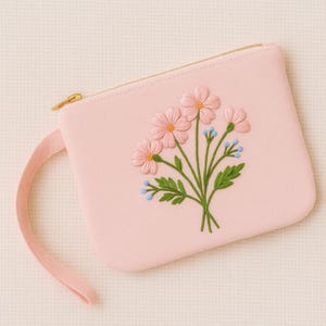 Bolso de mano con bordado de flores rosas, bolso con cremallera floral cosido a mano, bonito regalo para mujeres y niñas, neceser de maquillaje de primavera.