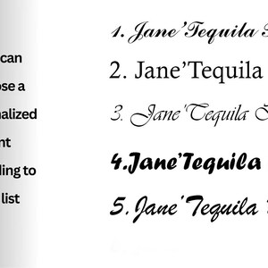 May include: Five different font styles for the text "Jane' Tequila Bar". You can choose a personalised font according to this list.