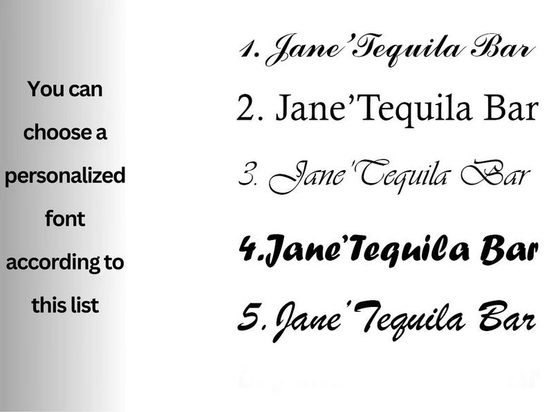 May include: Five different font styles for the text "Jane' Tequila Bar". You can choose a personalised font according to this list.