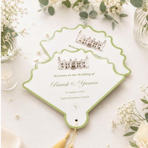 May include: A fan-shaped wedding programme with a light green border, featuring a brown ink illustration of Luttrellstown Castle. The text reads: Welcome to the Wedding of Patrick & Yasmin, 23 August 2026, Luttrellstown Castle, with a small monogram.