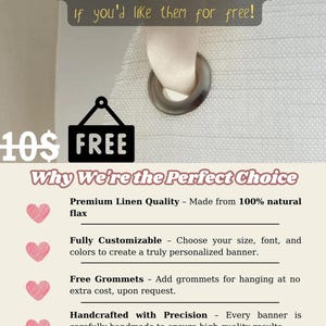 Op de afbeelding: Een witte banner met roze harten en tekst die luidt "10$ GRATIS Waarom we de perfecte keuze zijn". De tekst onder de harten somt de voordelen op van het kopen van een banner, waaronder premium linnen kwaliteit, volledige aanpassing, gratis oogjes, handgemaakt met precisie en snelle productie.