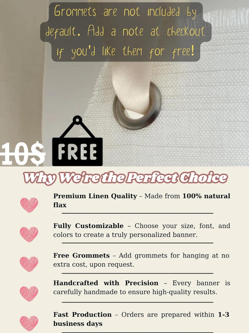 Op de afbeelding: Een witte banner met roze harten en tekst die luidt "10$ GRATIS Waarom we de perfecte keuze zijn". De tekst onder de harten somt de voordelen op van het kopen van een banner, waaronder premium linnen kwaliteit, volledige aanpassing, gratis oogjes, handgemaakt met precisie en snelle productie.