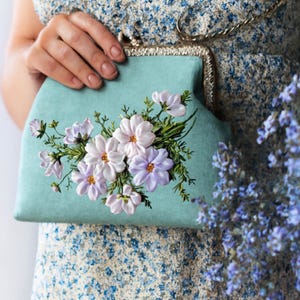 Mint Green Linen Clutch with 3D Ribbon Flowers – Handmade Floral Purse – Romantic Gift for Her – Bridesmaid or Wedding Accessory