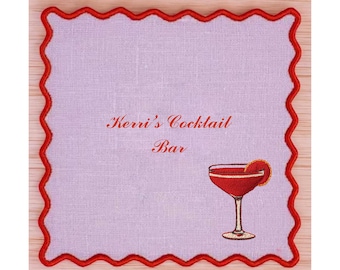 Custom cocktail napkins set, Embroidered Custom Cocktail Napkins with Scallop Border and Martini Glass on 100% Linen Cloth, Threads & Honey