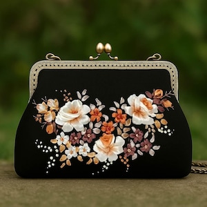Black Embroidered Clutch Purse with Roses – Handmade Linen Bag with Chain Strap – Vintage Wedding Accessory or Gift for Women