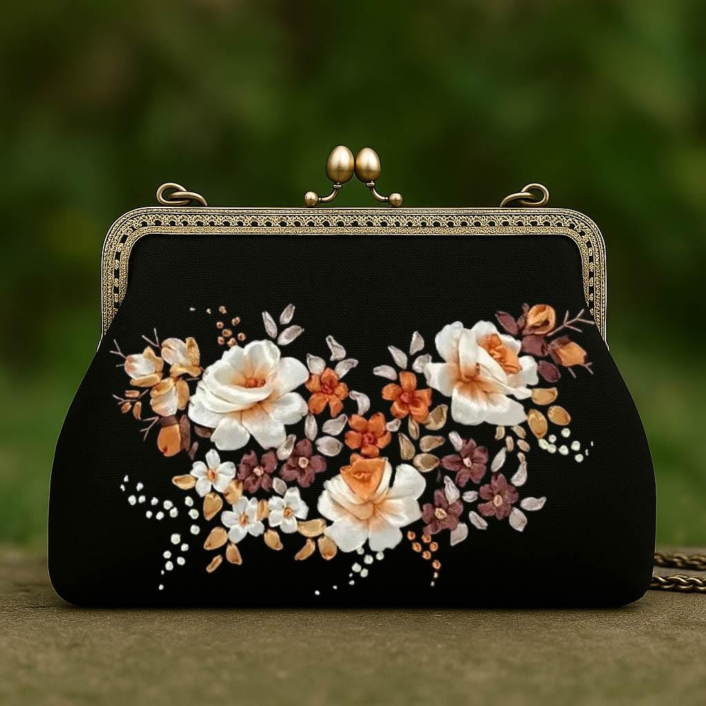 Black clutch with embroidered flowers - Etsy 日本