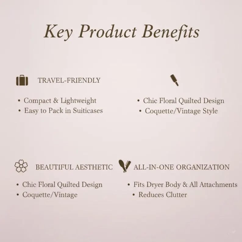 May include: A beige graphic with the text "Key Product Benefits". The text is accompanied by icons and bullet points describing the product's features: travel-friendly, compact, lightweight, chic floral quilted design, and coquette/vintage style.