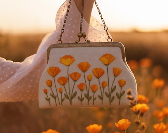 Vintage-geïnspireerde geborduurde klaproos bloem clutch – handgemaakte linnen portemonnee met kettingriem – Floral Kiss Lock avondtasje – bruidsmeisje cadeau