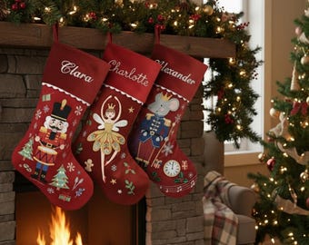 Custom Embroidered Christmas Stockings, Personalized Velvet Nutcracker Stocking with Name, Red Xmas Stocking, Holiday Family Decoration