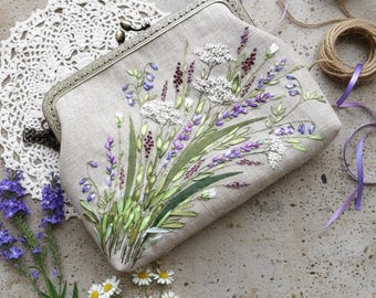 Handgeborduurde linnen clutch, portemonnee met geborduurd bloemenlint, vintage boho-muntenzakje, handgemaakt cadeau voor haar