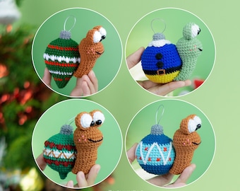 Crochet Christmas Ornaments Bundle 4 Ball Snails, Crochet Christmas Decorations, Crochet Ornaments