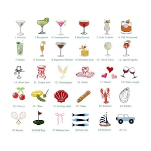 May include: An embroidered sampler featuring cocktail illustrations, including a Martini, Margarita, and Cosmopolitan. Other images include a cherry, olive, and a sailboat. Each image has a number and a name.