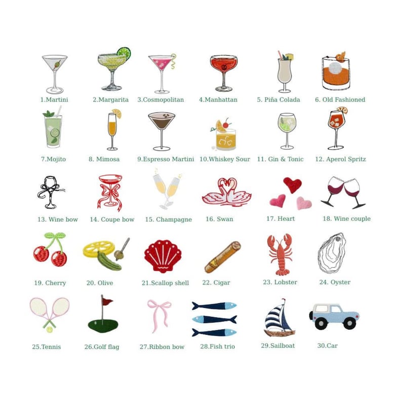 May include: An embroidered sampler featuring cocktail illustrations, including a Martini, Margarita, and Cosmopolitan. Other images include a cherry, olive, and a sailboat. Each image has a number and a name.