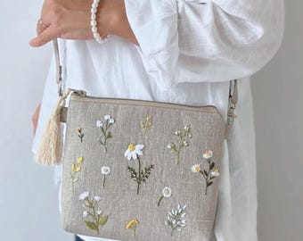 Hand Embroidered Linen Crossbody Bag with Wildflowers – Cottagecore Floral Shoulder Purse