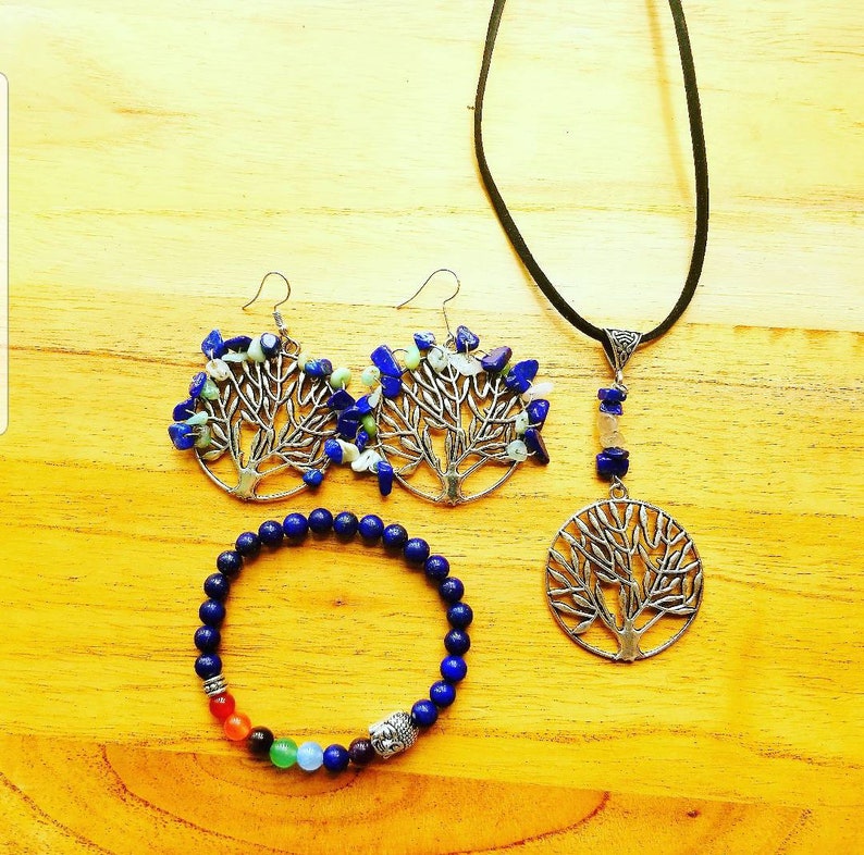 Lapis Lazuli Green Opal Tree of Life Earrings Lapis Lazuli Rutilated Quartz Tree of Life Pendant Lapis Lazuli Chakra Buddha Bracelet
