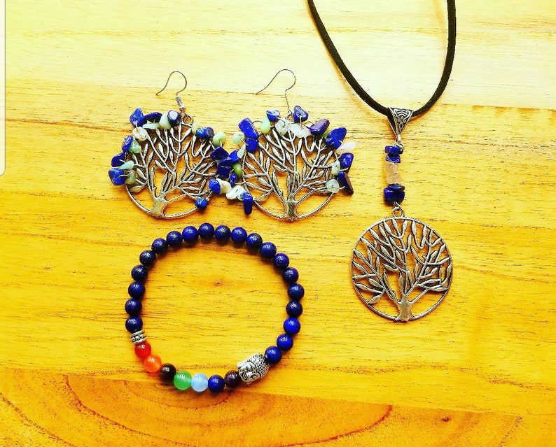 Lapis Lazuli Green Opal Tree of Life Earrings Lapis Lazuli Rutilated Quartz Tree of Life Pendant Lapis Lazuli Chakra Buddha Bracelet