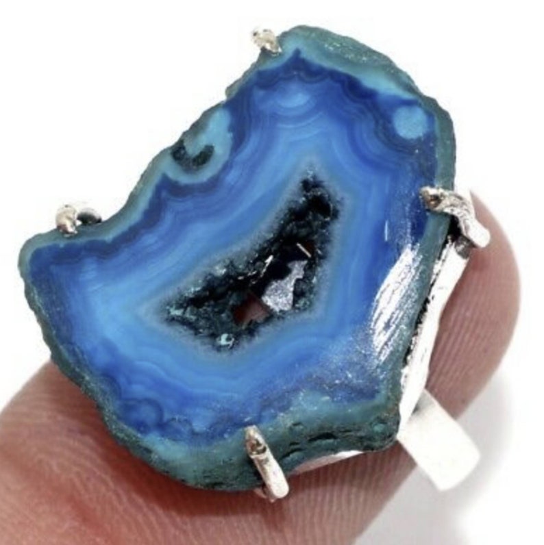 Agate Slice Rings 925 Silver Rings Blue Geode Ring Natural Geode Agate Slice Blue Geode Blue Druzy Ring Geode Slice