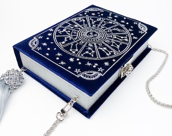 Handmade clutch book The wonders of the universe navy silver clutch embroidered purse christmas unique gift for her